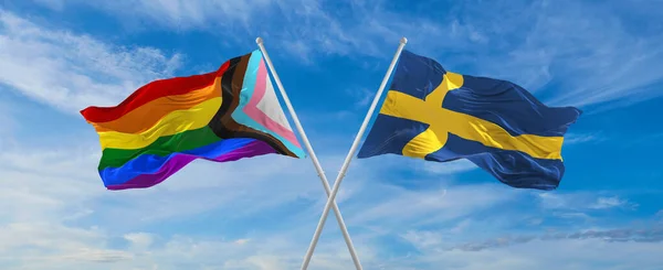 Překročil Vlajky Pokroku Igbt Hrdosti Vlajka Švédska Vlnící Větru Zamračené — Stock fotografie