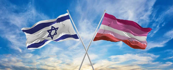 Croisé Les Drapeaux Nationaux Israël Drapeau Lesbian Pride Agitant Dans — Photo