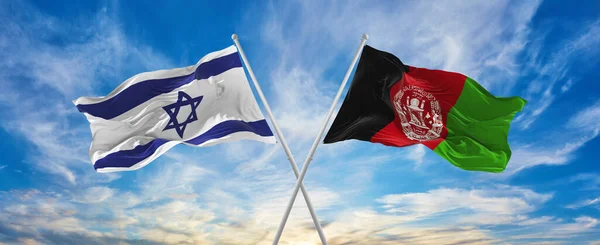 Cruzó Banderas Nacionales Israel Afganistán Ondeando Viento Cielo Nublado Simbolizar — Foto de Stock