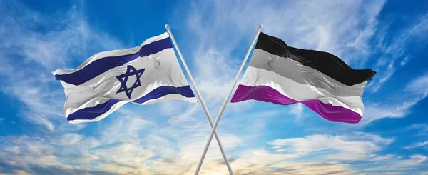 Ristissä Israelin Liput Asexuality Pride Lippu Heiluttaa Tuulessa Pilvinen Taivas — kuvapankkivalokuva