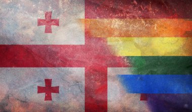 Gürcistan 'ın ulusal lgbt retro bayrağının grunge dokusuyla üst görüntüsü, bayrak direği yok. Uçak tasarımı, tasarım. Bayrak arkaplanı. Özgürlük ve aşk kavramı. Gurur ayı. Eylemcilik, toplum ve özgürlük