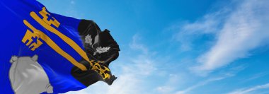 Surrey ilçesi bayrağı, İngiltere, bulutlu arka plan günbatımında, panoramik manzara. Büyük Britanya Birleşik Krallığı, İngiltere. Geniş afiş afiş için kopyalama alanı, 3d illüstrasyon