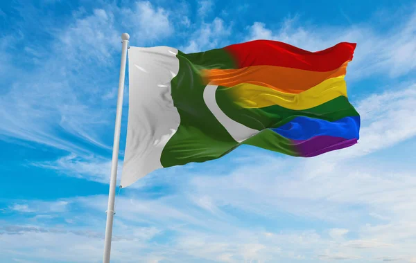 national lgbt flag of Pakistan flag waving in the wind at cloudy sky. Freedom and love concept. Pride month. activism, community and freedom Concept. Copy space. 3d illustration