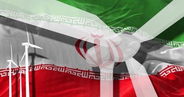 İran bayrağının arka planında rüzgar türbinleri. sürdürülebilir kalkınma, yenilenebilir enerji, ulusal alternatif enerji çevre kavramı. 3d illüstrasyon