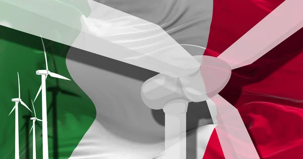 意大利国旗背景上的风力涡轮机 可持续发展 可再生能源 国家替代能源环境概念 3D说明 — 图库照片