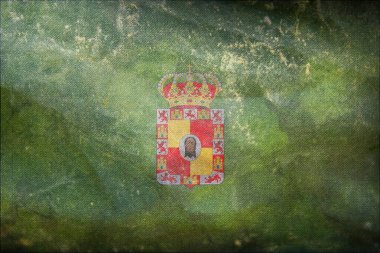 İspanyol Jaen retro bayrağının en üst görüntüsü, grunge desenli. İspanyol seyahati ve vatanseverlik kavramı. Bayrak direği yok. Uçak tasarımı, tasarım. Bayrak arkaplanı