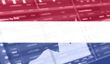 Hollanda bayrağı ve borsa grafik barı. Kripto para birimi. Bitcoin Stok Büyümesi. Kripto para birimi ve Engelleme Teknolojisi yatırımcıları için kavramsal görüntü.