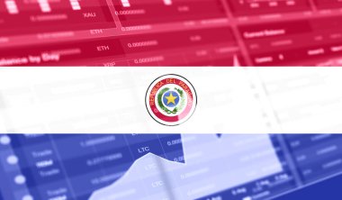 Paraguay bayrağı ve borsa grafik barı. Kripto para birimi. Bitcoin Stok Büyümesi. Kripto para birimi ve Engelleme Teknolojisi yatırımcıları için kavramsal görüntü.