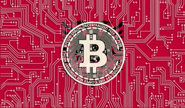 Arnavutluk bayrağı ve Bitcoin, Entegre Devre Kurulu modeli. Bitcoin Stok Büyümesi. Kripto para birimi ve Engelleme Teknolojisi yatırımcıları için kavramsal görüntü.