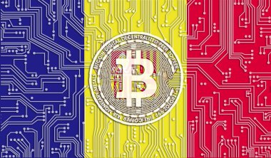 Andorra ve Bitcoin bayrağı, Entegre Devre Kurulu deseni. Bitcoin Stok Büyümesi. Kripto para birimi ve Engelleme Teknolojisi yatırımcıları için kavramsal görüntü.