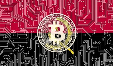 Angola ve Bitcoin bayrağı, Entegre Devre Kurulu deseni. Bitcoin Stok Büyümesi. Kripto para birimi ve Engelleme Teknolojisi yatırımcıları için kavramsal görüntü.