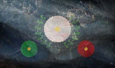 Muxe 'un eski bayrağının üst görüntüsü, grunge desenli, bayrak direği yok. Uçak tasarımı, tasarım. Bayrak arkaplanı. Özgürlük ve aşk kavramı. Gurur ayı, aktivizm, toplum ve özgürlük