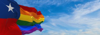 Şili bayrağı, bulutlu gökyüzünde rüzgarda sallanan gay. Özgürlük ve aşk kavramı. Gurur ayı. Eylemcilik, toplum ve özgürlük kavramı. Uzayı kopyala 3d illüstrasyon