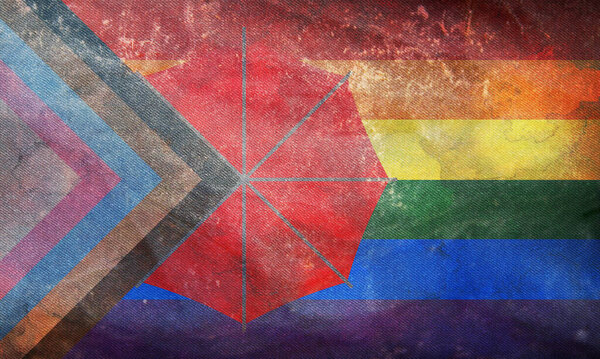 Top view of retro flag of Sex worker inclusive progress pride with grunge texture, no flagpole. Дизайн самолета, макет. Флэг фон. Понятие свободы. Месяц гордости, активизм, община и свобода