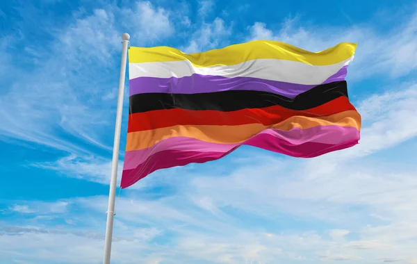 Nebinární Lesbická Vlajka Vlající Větru Zamračené Obloze Koncept Svobody Lásky — Stock fotografie