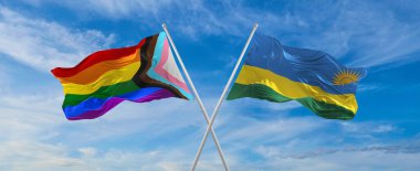 İlerlemenin bayraklarını aştı lgbt gururu ve bulutlu gökyüzünde rüzgarda dalgalanan Ruanda bayrağı. Özgürlük ve aşk kavramı. Gurur ayı. Eylemcilik, toplum ve özgürlük kavramı. Uzayı kopyala 3d illüstrasyon