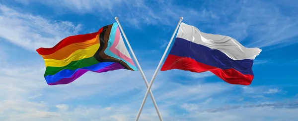 Překročil Vlajky Pokroku Igbt Hrdosti Ruské Vlajky Vlnící Větru Zatažené — Stock fotografie