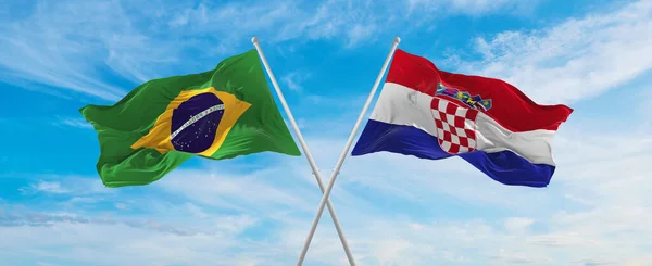 Crossed National Flags Brazil Croatia Flag Waving Wind Cloudy Sky — Stock Photo, Image