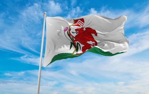 Bandeira Cardiff Fundo Céu Nublado Pôr Sol Vista Panorâmica Reino — Fotografia de Stock