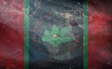 Mississippi eyaletinin Afrikalı Amerikalılarının retro bayrağının üst görüntüsü, bağları çözülmemiş Amerikan devletleri grunge dokulu. ABD Haziran Özgürlük Günü 'nde. Bayrak direği yok. Uçak tasarımı, tasarım. Bayrak arkaplanı