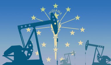 Indiana eyaletinin bayrağına karşı yağ pompası silueti. Ham petrol ve gaz çıkarma derecesinde. Petrol alanları ve petrol şirketleri, hidrokarbon pazarı, sanayi