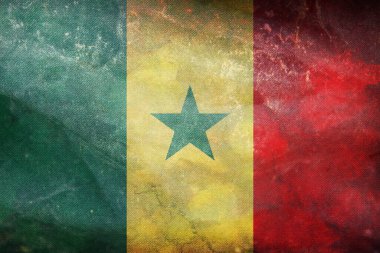 Senegal 'in grunge desenli resmi retro bayrağının üst görüntüsü. seyahat ve vatanseverlik kavramı. Bayrak direği yok. Uçak tasarımı, tasarım. Bayrak arkaplanı