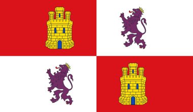 Kastilya ve Leon, İspanya bayrağının en üst görüntüsü. İspanyol seyahati ve vatanseverlik kavramı. Bayrak direği yok. Uçak tasarımı, tasarım. Bayrak arkaplanı