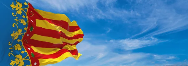 Σημαία Της Κοινότητας Της Βαλένθια Ισπανία Στο Θολό Φόντο Του — Φωτογραφία Αρχείου