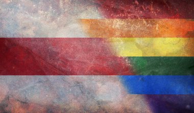 Beyaz Rusya 'nın ulusal lgbt retro bayrağının grunge desenli üst görüntüsü, bayrak direği yok. Uçak tasarımı, tasarım. Bayrak arkaplanı. Özgürlük ve aşk konsepti, Gurur ayı. Eylemcilik, toplum ve özgürlük