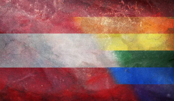 Grunge desenli, bayrak direği olmayan Avusturya 'nın ulusal lgbt retro bayrağının üst görüntüsü. Uçak tasarımı, tasarım. Bayrak arkaplanı. Özgürlük ve aşk kavramı. Gurur ayı. Eylemcilik, toplum ve özgürlük