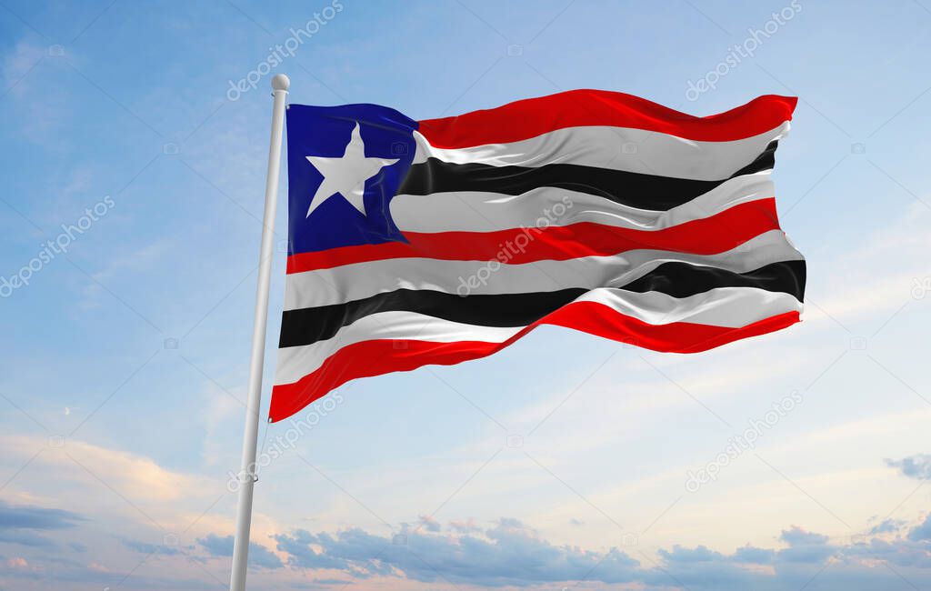 flag of Maranhao , Brazil at cloudy sky background on sunset, panoramic view. Brazilian travel and patriot concept. copy space for wide banner. 3d illustration