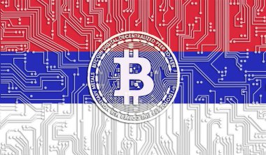 Cumhuriyet ve Bitcoin bayrağı, Entegre Devre Kurulu modeli. Bitcoin Stok Büyümesi. Kripto para birimi ve Engelleme Teknolojisi yatırımcıları için kavramsal görüntü.
