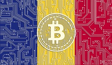 Romanya bayrağı ve Bitcoin, Entegre Devre Kurulu modeli. Bitcoin Stok Büyümesi. Kripto para birimi ve Engelleme Teknolojisi yatırımcıları için kavramsal görüntü.