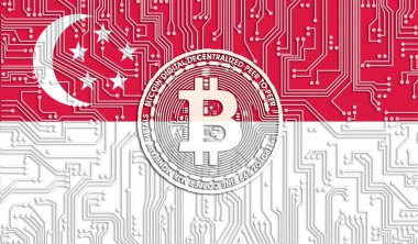 Singapur ve Bitcoin bayrağı, Entegre Devre Kurulu deseni. Bitcoin Stok Büyümesi. Kripto para birimi ve Engelleme Teknolojisi yatırımcıları için kavramsal görüntü.