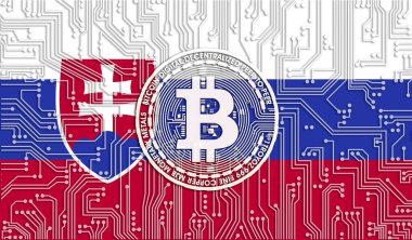 Slovakya ve Bitcoin bayrağı, Entegre Devre Kurulu deseni. Bitcoin Stok Büyümesi. Kripto para birimi ve Engelleme Teknolojisi yatırımcıları için kavramsal görüntü.