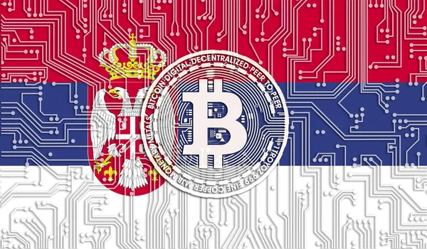 Sırbistan bayrağı ve Bitcoin, Entegre Devre Kurulu modeli. Bitcoin Stok Büyümesi. Kripto para birimi ve Engelleme Teknolojisi yatırımcıları için kavramsal görüntü.