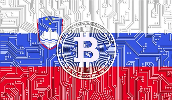 Slovenya bayrağı ve Bitcoin, Entegre Devre Kurulu modeli. Bitcoin Stok Büyümesi. Kripto para birimi ve Engelleme Teknolojisi yatırımcıları için kavramsal görüntü.