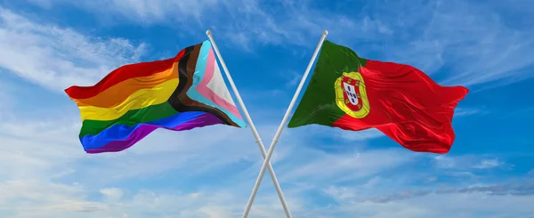 Korsade Flaggor Framsteg Lgbt Stolthet Och Portugal Flagga Vinka Vinden — Stockfoto