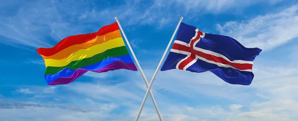 Přepluly Vlajky Igbtu Islandu Vlnící Větru Zamračené Obloze Koncept Svobody — Stock fotografie