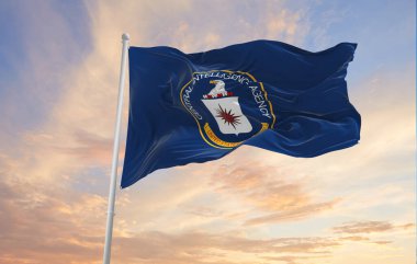 Minsk, Belarus - Mayıs 2021: Birleşik Devletler Merkezi İstihbarat Teşkilatı bayrağı, CIA rüzgarda sallanıyor. ABD Milli Savunması. Uzayı kopyala 3d illüstrasyon.