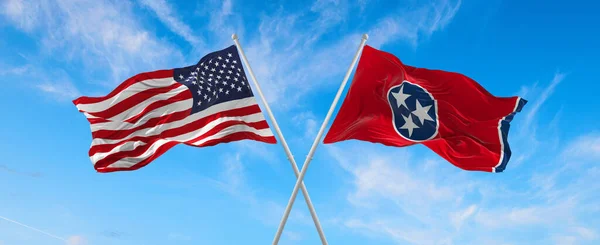 Two Flags Usa State Tennessee Waving Wind Flagpoles Sky Clouds — 图库照片