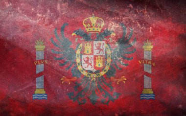 İspanya 'nın eski Toledo bayrağının grunge desenli üst görüntüsü. İspanyol seyahati ve vatanseverlik kavramı. Bayrak direği yok. Uçak tasarımı, tasarım. Bayrak arkaplanı