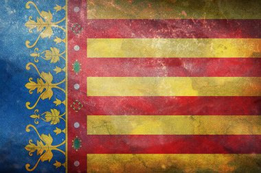 Valencian Community 'nin retro bayrağının üst görüntüsü, İspanya grunge desenli. İspanyol seyahati ve vatanseverlik kavramı. Bayrak direği yok. Uçak tasarımı planı. Bayrak arkaplanı