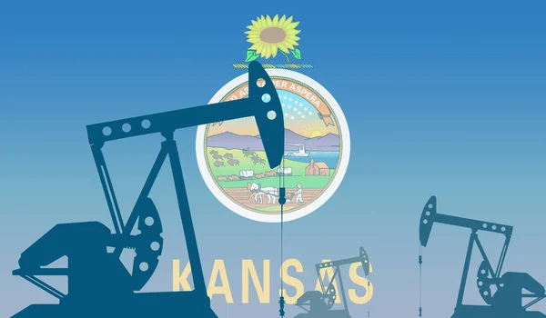 Silhueta Bomba Óleo Contra Bandeira Estado Kansas Eua Extração Petróleo — Fotografia de Stock