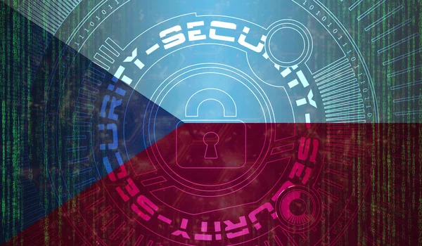 捷克共和国关于国家网络安全的数字背景数据保护 安全系统概念 黑旗背景上的锁符号 — 图库照片