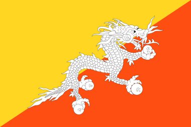 Resmi Bhutan bayrağının üst görüntüsü. seyahat ve vatanseverlik kavramı. Bayrak direği yok. Uçak tasarımı, tasarım. Bayrak arkaplanı