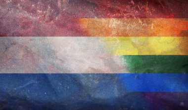 Hollanda 'nın ulusal lgbt retro bayrağının üst görüntüsü grunge desenli, bayrak direği yok. Uçak tasarımı, tasarım. Bayrak arkaplanı. Özgürlük ve aşk kavramı. Gurur ayı. Eylemcilik, toplum ve özgürlük
