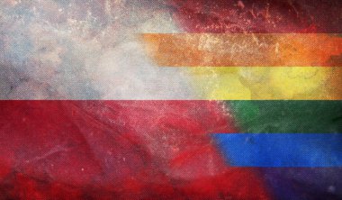 Polonya 'nın ulusal lgbt retro bayrağının en üst görüntüsü, grunge desenli, bayrak direği yok. Uçak tasarımı, tasarım. Bayrak arkaplanı. Özgürlük ve aşk konsepti, Gurur ayı. Eylemcilik, toplum ve özgürlük