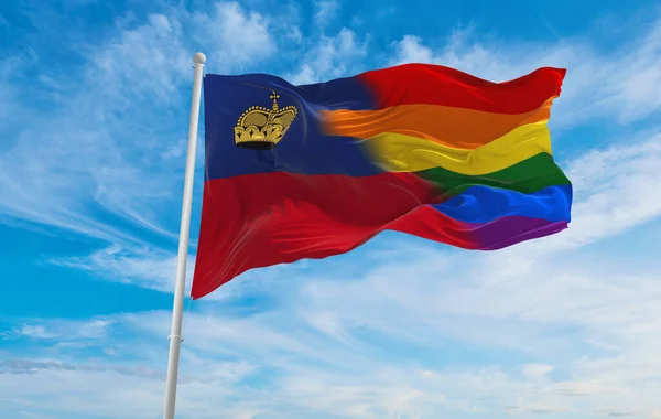 Bandera Nacional Lgbt Liechtenstein Ondeando Viento Cielo Nublado Concepto Libertad —  Fotos de Stock