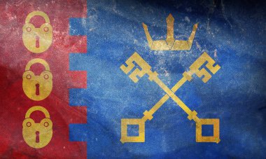 Willenhall kasabasının retro bayrağının en üst görüntüsü. Büyük Britanya Birleşik Krallığı 'nın İngiliz bayrağı. Bayrak direği yok, uçak tasarımı, tasarım. Bayrak arkaplanı